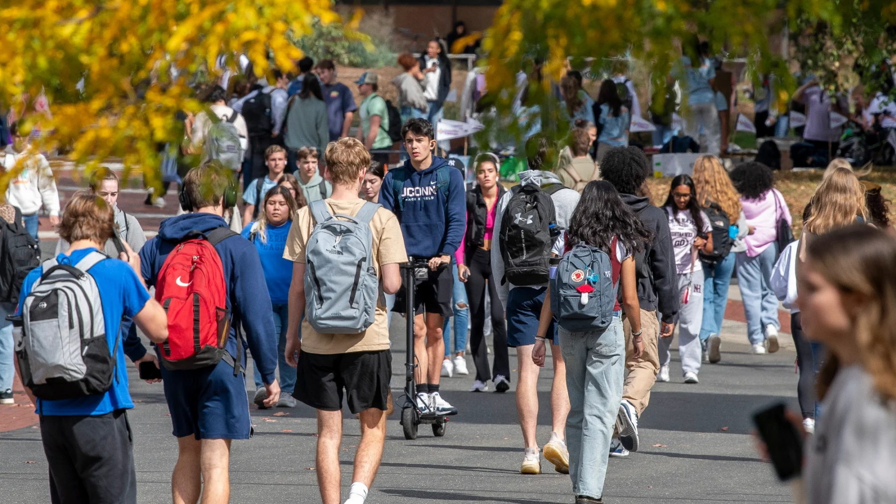 UConn Students walking on Fairfield Way.